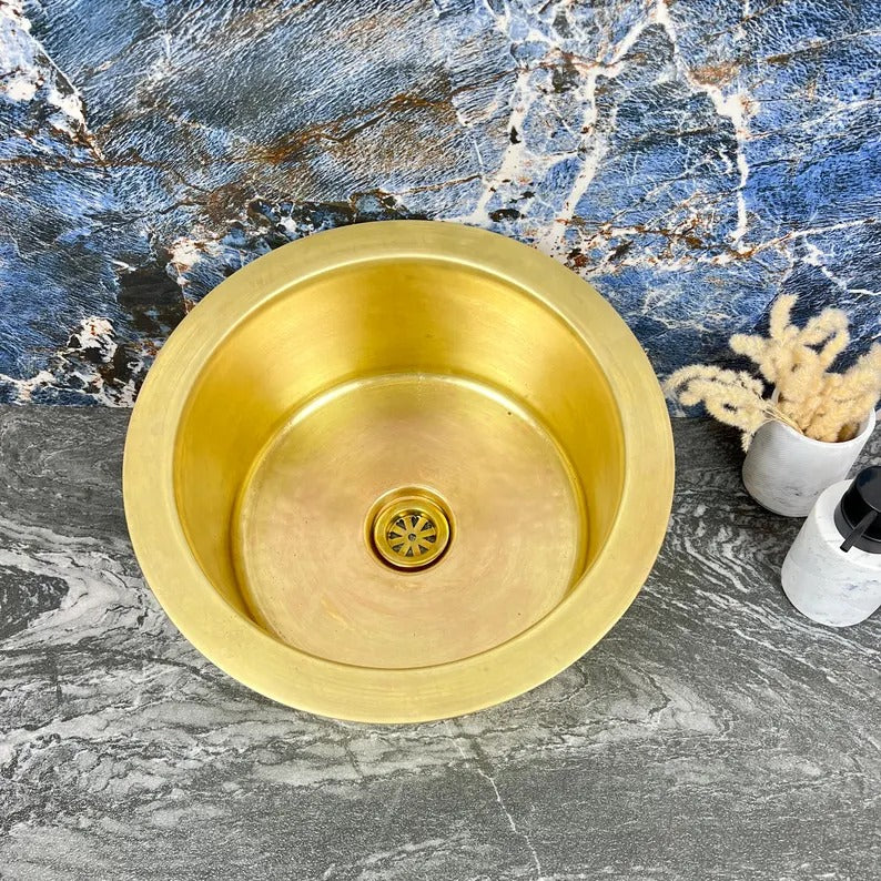 Hand-Hammered Unlacquered Brass Round Bar Sink with Drain – Handmade Solid Brass Basin - Round Drop In Farmhouse Vessel Sink
