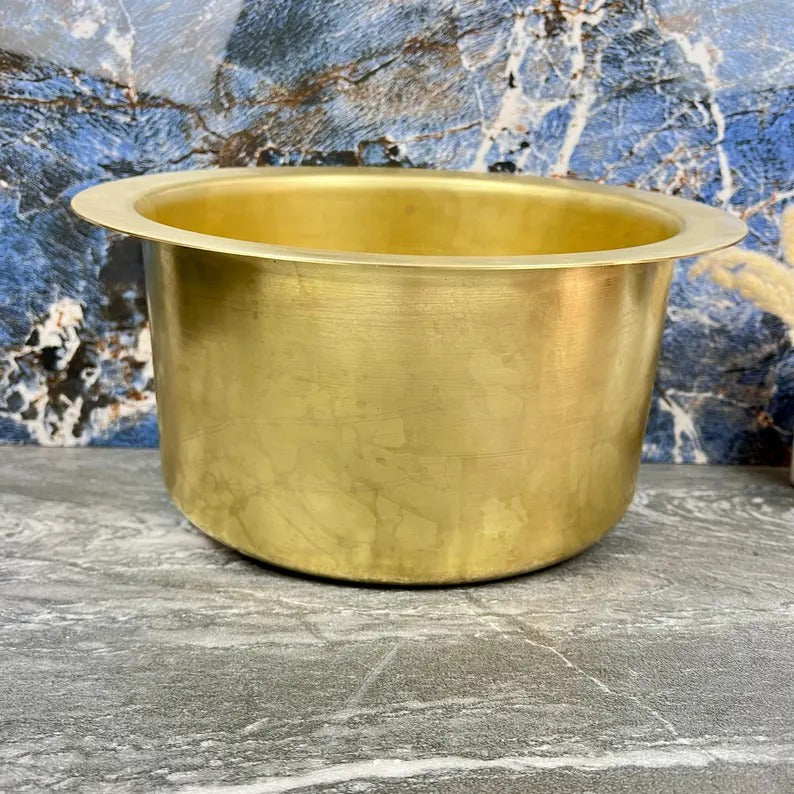 Hand-Hammered Unlacquered Brass Round Bar Sink with Drain – Handmade Solid Brass Basin - Round Drop In Farmhouse Vessel Sink
