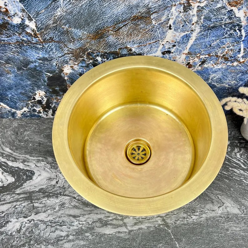 Hand-Hammered Unlacquered Brass Round Bar Sink with Drain – Handmade Solid Brass Basin - Round Drop In Farmhouse Vessel Sink