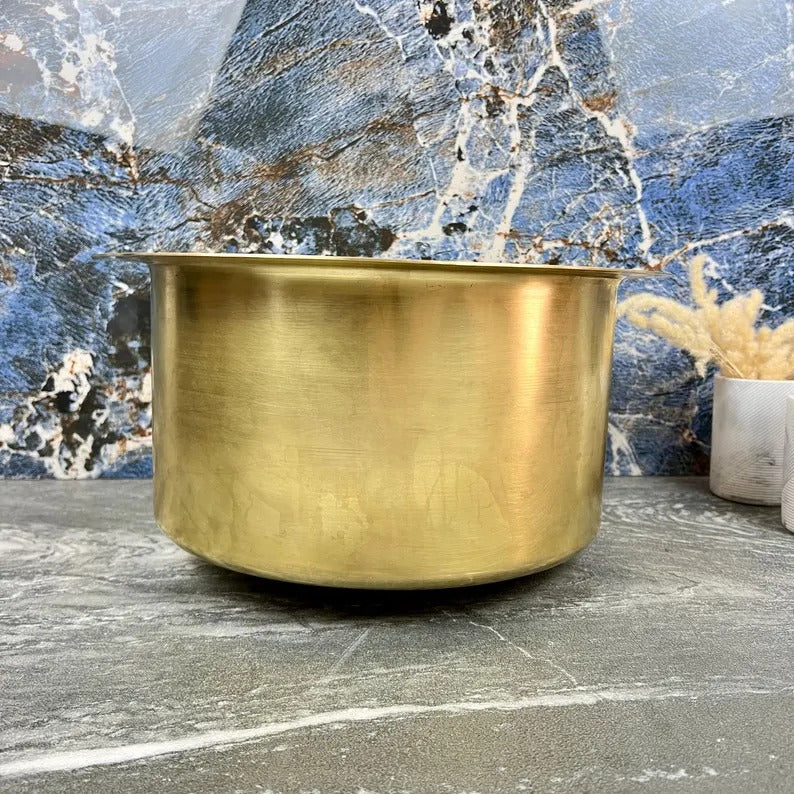 Hand-Hammered Unlacquered Brass Round Bar Sink with Drain – Handmade Solid Brass Basin - Round Drop In Farmhouse Vessel Sink