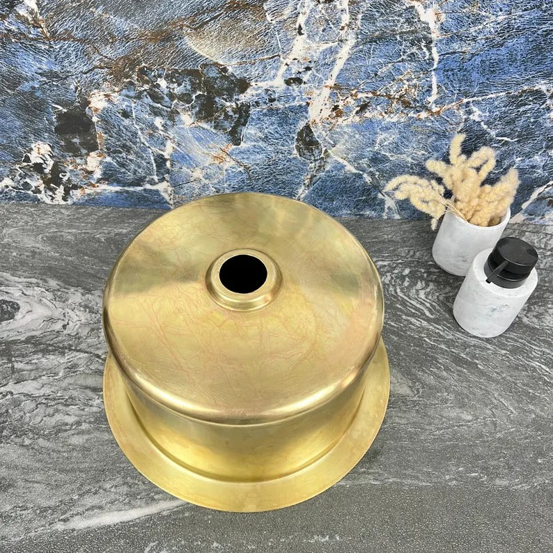 Hand-Hammered Unlacquered Brass Round Bar Sink with Drain – Handmade Solid Brass Basin - Round Drop In Farmhouse Vessel Sink