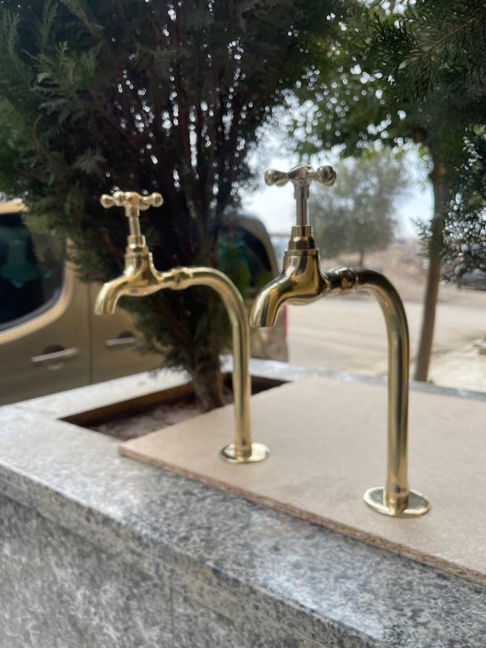 Artisanal Moroccan Brass Bathroom Sink Faucet: Double Handle, Two Cross Handles, Handcrafted for Exquisite Bathroom Décor and Functionality