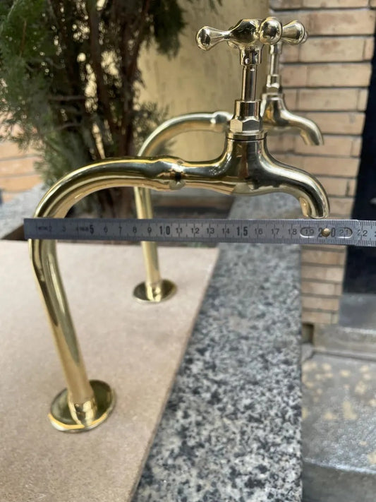 Artisanal Moroccan Brass Bathroom Sink Faucet: Double Handle, Two Cross Handles, Handcrafted for Exquisite Bathroom Décor and Functionality