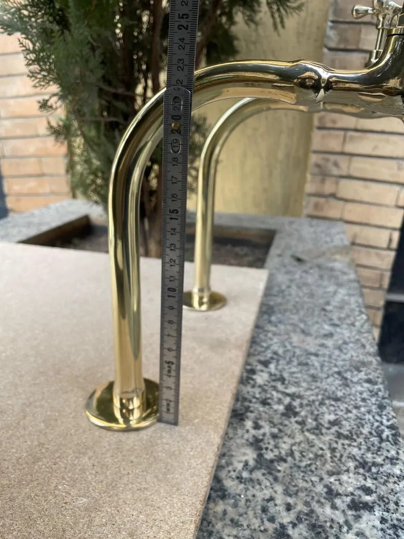 Artisanal Moroccan Brass Bathroom Sink Faucet: Double Handle, Two Cross Handles, Handcrafted for Exquisite Bathroom Décor and Functionality
