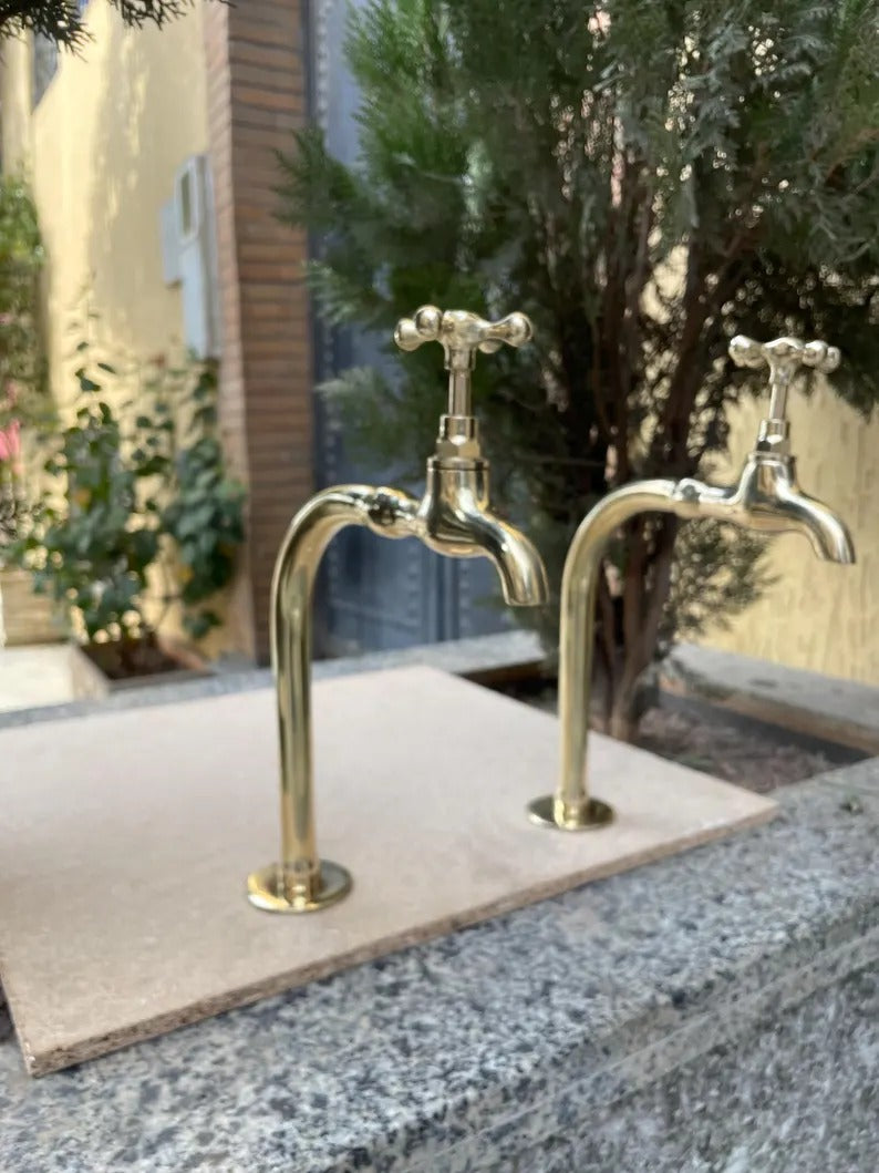 Artisanal Moroccan Brass Bathroom Sink Faucet: Double Handle, Two Cross Handles, Handcrafted for Exquisite Bathroom Décor and Functionality
