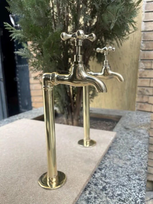 Pair of 2 Unlacquered Brass Wall Mount Water Faucets - Moroccan Inspired Vintage Bathroom Taps with Hammered Finish