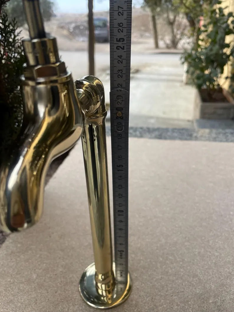 Pair of 2 Unlacquered Brass Wall Mount Water Faucets - Moroccan Inspired Vintage Bathroom Taps with Hammered Finish