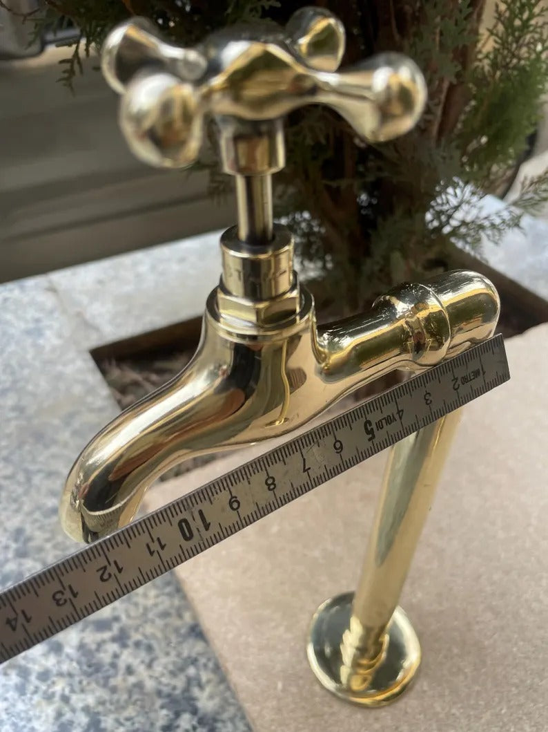 Pair of 2 Unlacquered Brass Wall Mount Water Faucets - Moroccan Inspired Vintage Bathroom Taps with Hammered Finish