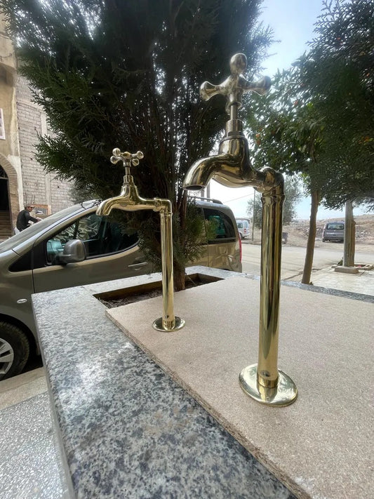 Pair of 2 Unlacquered Brass Wall Mount Water Faucets - Moroccan Inspired Vintage Bathroom Taps with Hammered Finish