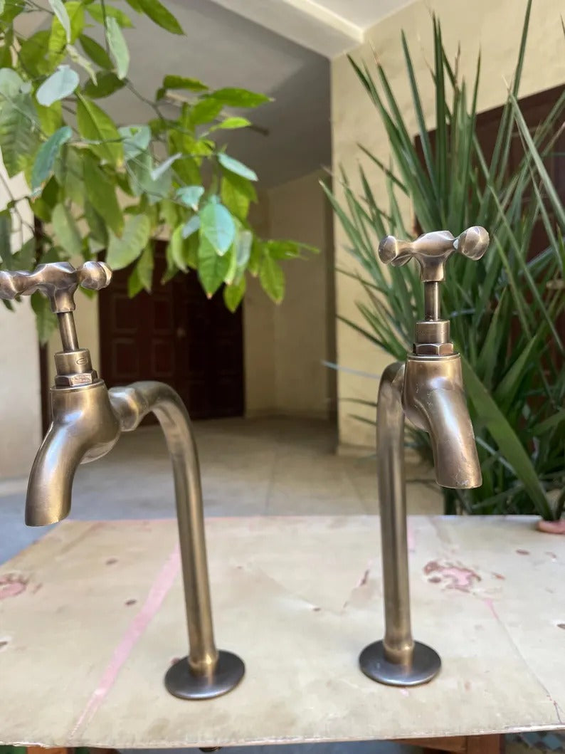 Handcrafted unlacquered brass water dispenser faucets with Victorian design in a lush green setting.