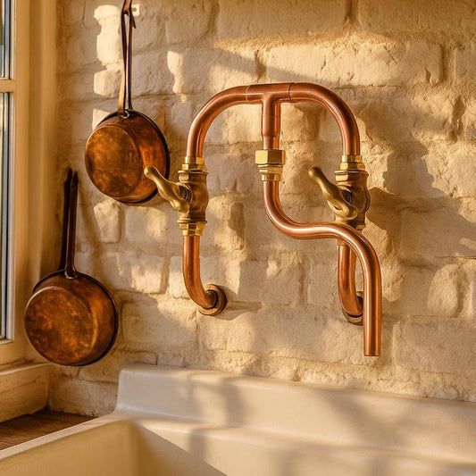 Handmade copper wall mount faucet with solid brass valves, styled in an industrial kitchen setting.