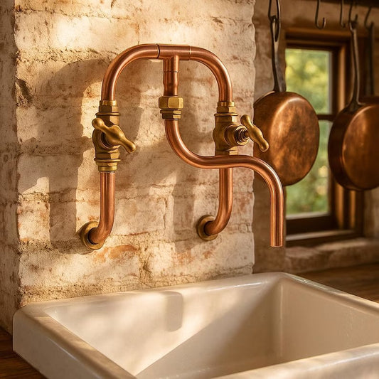 Handmade copper wall mount faucet above a sink in a rustic kitchen, showcasing industrial design and artisan craftsmanship.