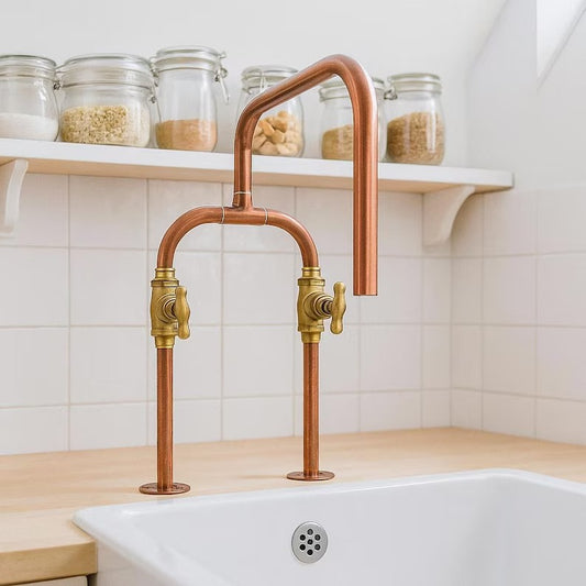 Handmade pure copper faucet with brass valves, featuring a U-shaped spout, perfect for farmhouse kitchen sinks.