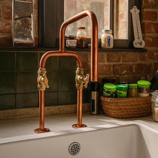 Handmade pure copper deck mount faucet with brass valves, perfect for farmhouse kitchens and rustic interiors.