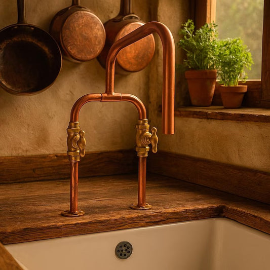 Handmade pure copper deck mount faucet with brass valves in a rustic kitchen setting.