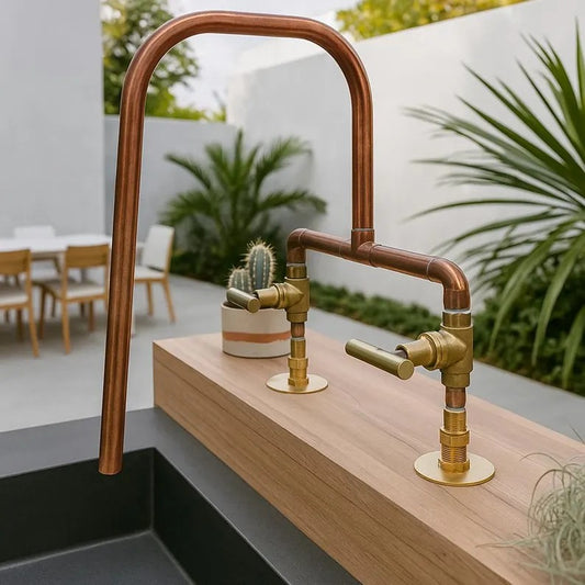 Handmade Copper Faucet with Brass Valves – Handmade Rustic Mixer Tap – Double Handle Hot & Cold Basin or Outdoor Sink Fixture