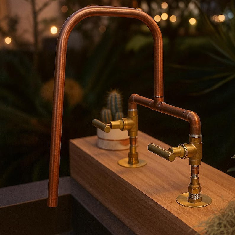 Handmade Copper Faucet with Brass Valves – Handmade Rustic Mixer Tap – Double Handle Hot & Cold Basin or Outdoor Sink Fixture