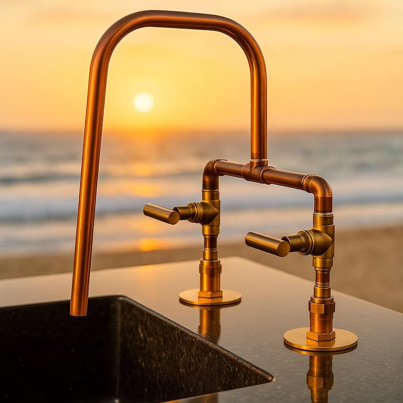 Handmade Copper Faucet with Brass Valves – Handmade Rustic Mixer Tap – Double Handle Hot & Cold Basin or Outdoor Sink Fixture