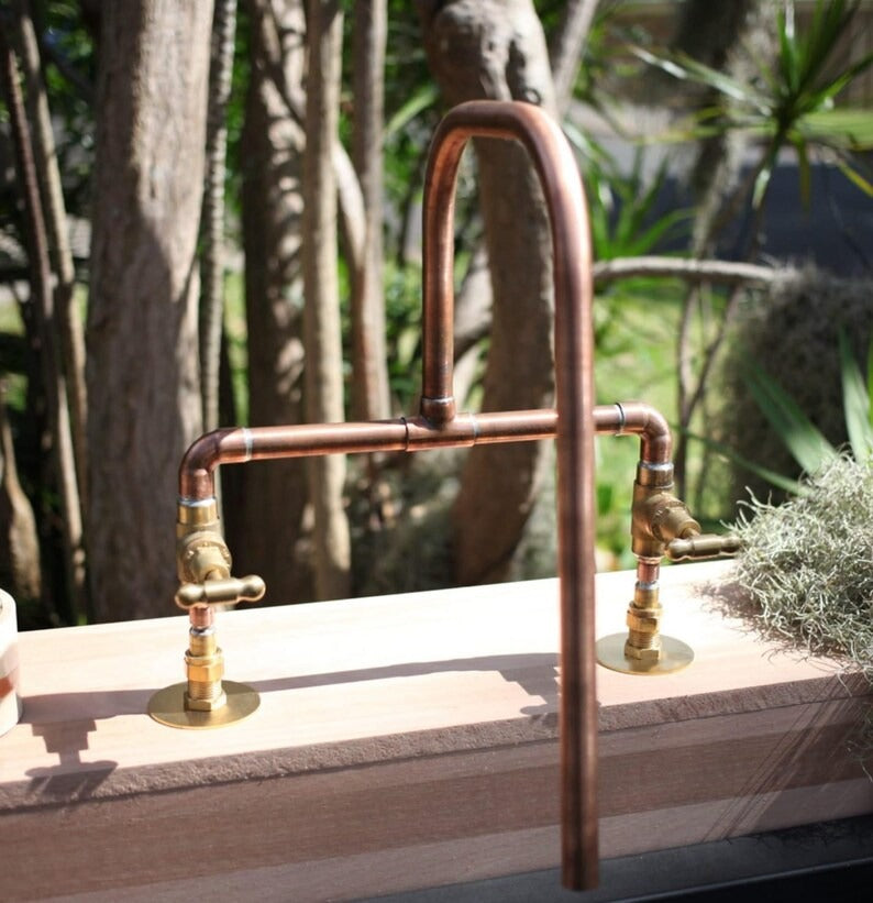 Handmade Copper Faucet with Brass Valves – Handmade Rustic Mixer Tap – Double Handle Hot & Cold Basin or Outdoor Sink Fixture