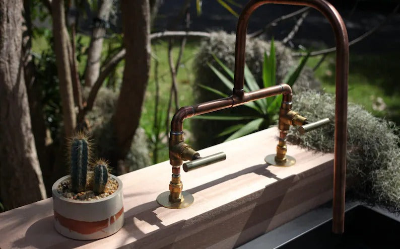 Handmade Copper Faucet with Brass Valves – Handmade Rustic Mixer Tap – Double Handle Hot & Cold Basin or Outdoor Sink Fixture