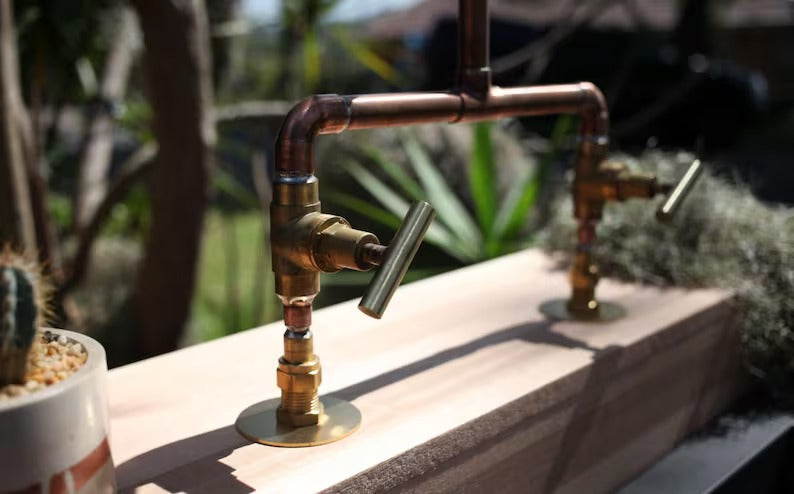 Handmade Copper Faucet with Brass Valves – Handmade Rustic Mixer Tap – Double Handle Hot & Cold Basin or Outdoor Sink Fixture