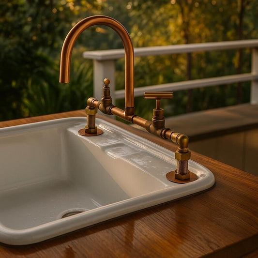 Handmade copper and brass mixer faucet with double handles on a rustic wooden sink.