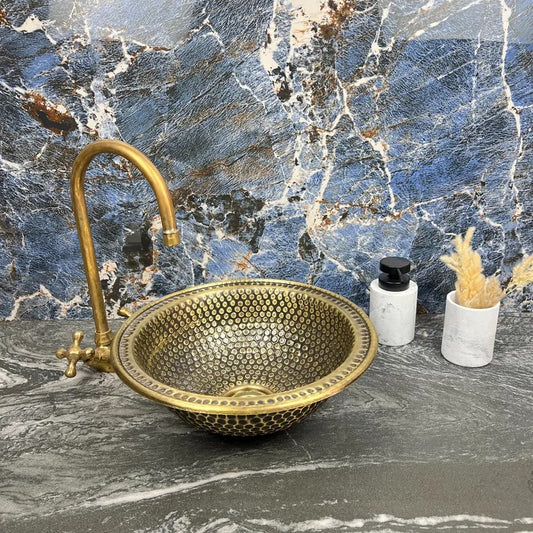 Custom Handmade Brass Bathroom Sink – 16 Gauge Round Vessel or Drop-In Basin – Hand Hammered Brushed Brass Vanity Bowl