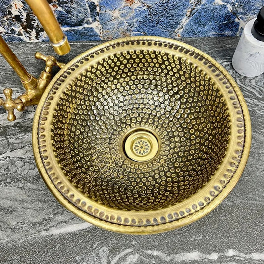 Custom Handmade Brass Bathroom Sink – 16 Gauge Round Vessel or Drop-In Basin – Hand Hammered Brushed Brass Vanity Bowl