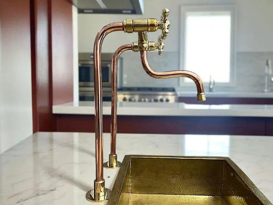 Red Brass Bridge Faucet Antique Uncoated Red Brass Kitchen Faucet | Industrial Farmhouse Sink Faucet | Handmade Solid Red Brass Deck Mount Tap
