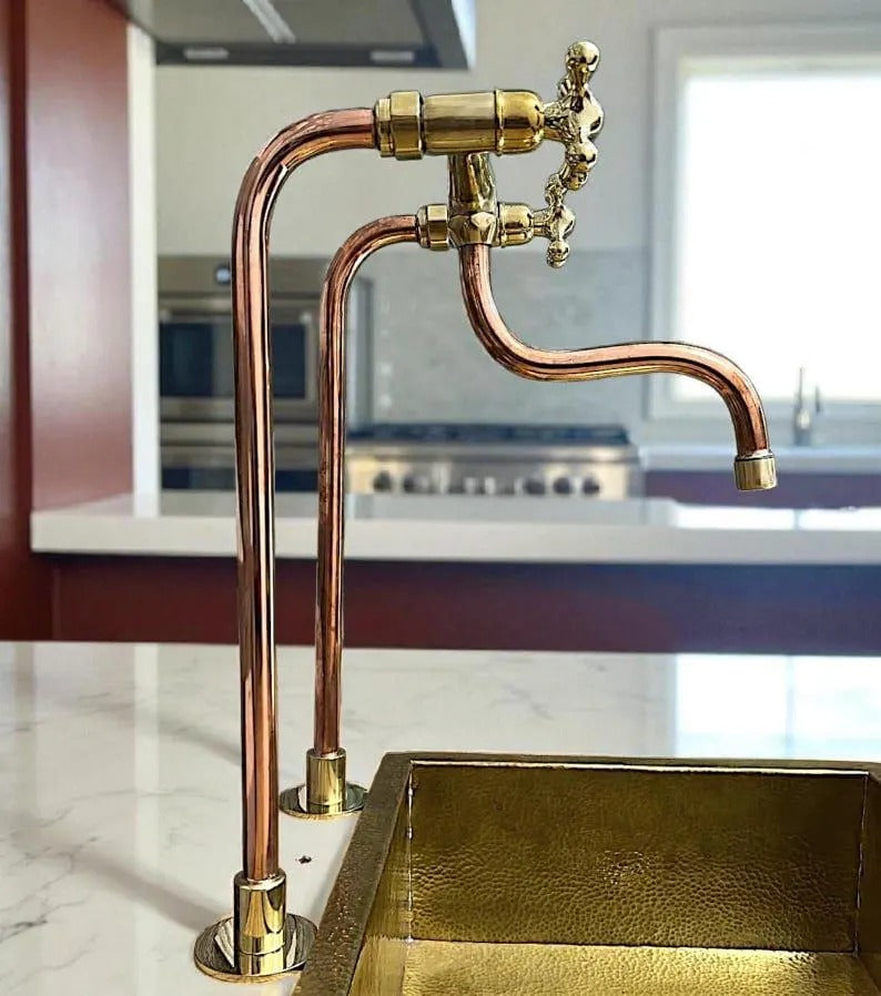 Red Brass Bridge Faucet Antique Uncoated Red Brass Kitchen Faucet | Industrial Farmhouse Sink Faucet | Handmade Solid Red Brass Deck Mount Tap