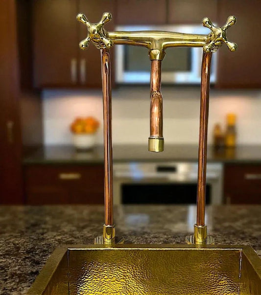 Red Brass Bridge Faucet Antique Uncoated Red Brass Kitchen Faucet | Industrial Farmhouse Sink Faucet | Handmade Solid Red Brass Deck Mount Tap