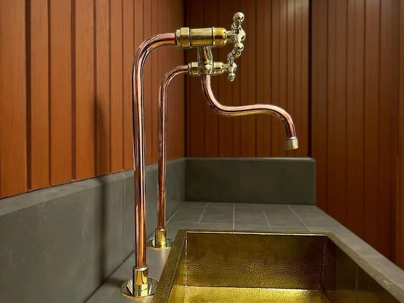 Red Brass Bridge Faucet Antique Uncoated Red Brass Kitchen Faucet | Industrial Farmhouse Sink Faucet | Handmade Solid Red Brass Deck Mount Tap