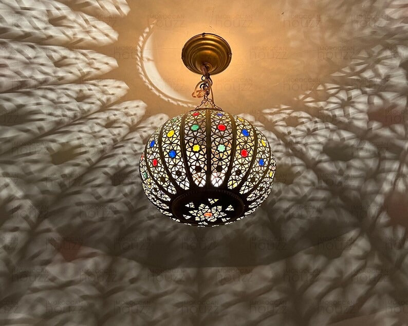Handcrafted brass Circular pendant Lamp with Colorful Glass Accents - Moroccan-style ceiling Light Fixture - Handmade lampshade.