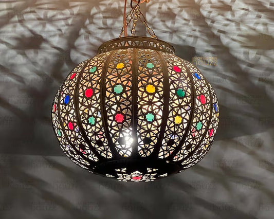 Handcrafted brass Circular pendant Lamp with Colorful Glass Accents - Moroccan-style ceiling Light Fixture - Handmade lampshade.