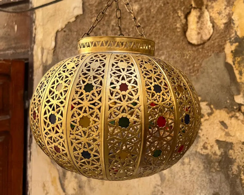 Handcrafted brass Circular pendant Lamp with Colorful Glass Accents - Moroccan-style ceiling Light Fixture - Handmade lampshade.