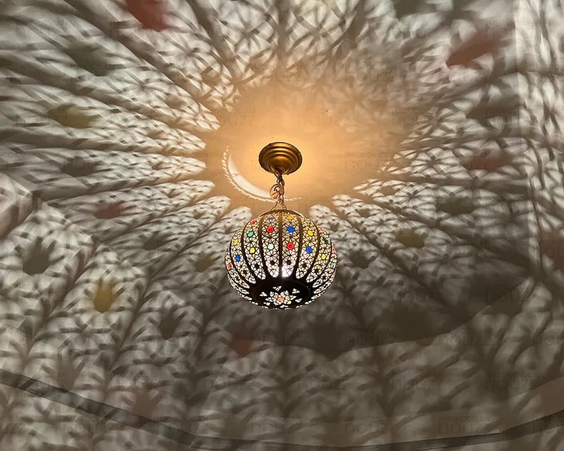 Handcrafted brass Circular pendant Lamp with Colorful Glass Accents - Moroccan-style ceiling Light Fixture - Handmade lampshade.