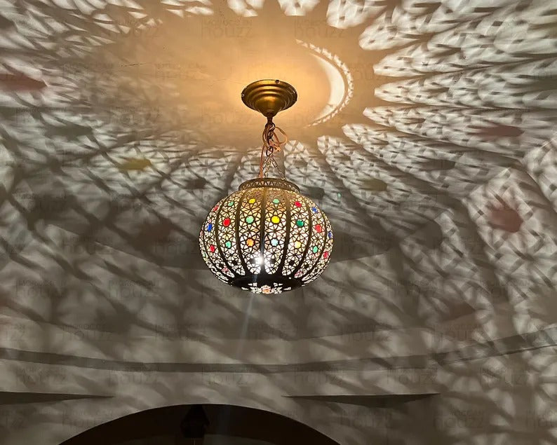 Handcrafted brass Circular pendant Lamp with Colorful Glass Accents - Moroccan-style ceiling Light Fixture - Handmade lampshade.