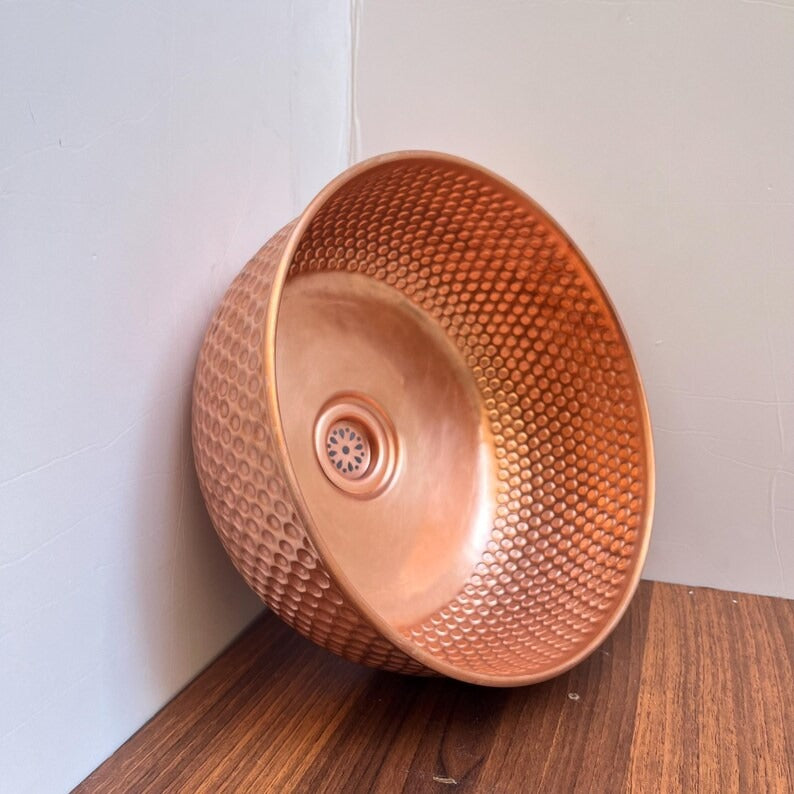 14"x6" inch Round Red Copper Basin, Brushed Brass bathroom sink, Vessel Copper Sink, Copper Drain Included