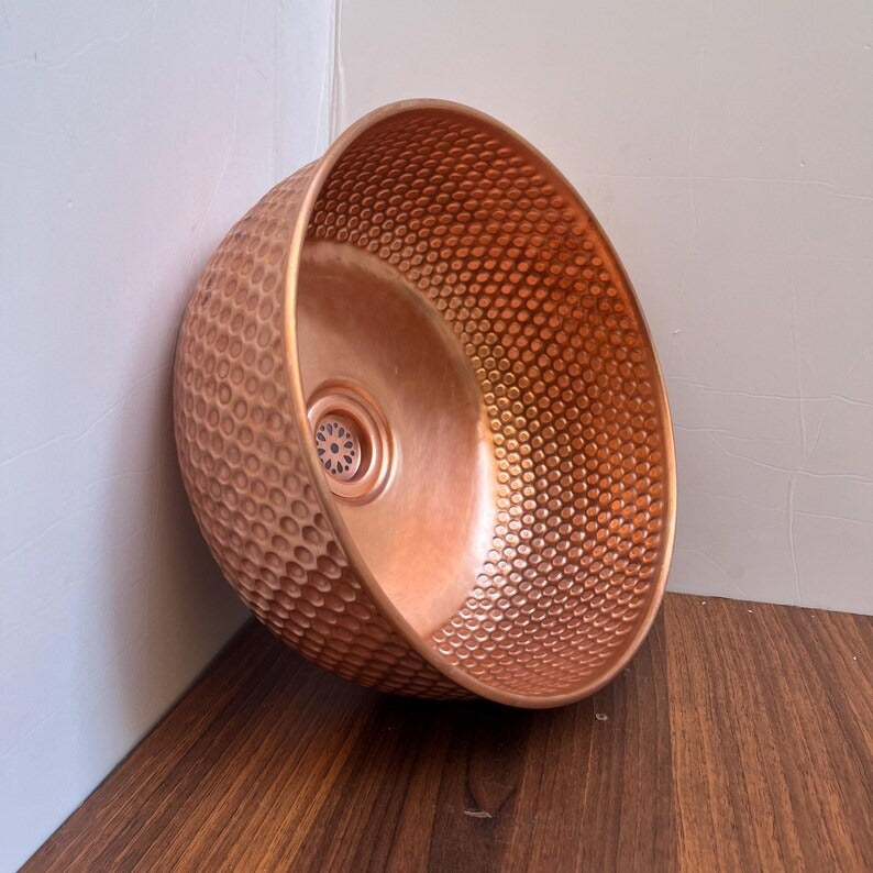 14"x6" inch Round Red Copper Basin, Brushed Brass bathroom sink, Vessel Copper Sink, Copper Drain Included