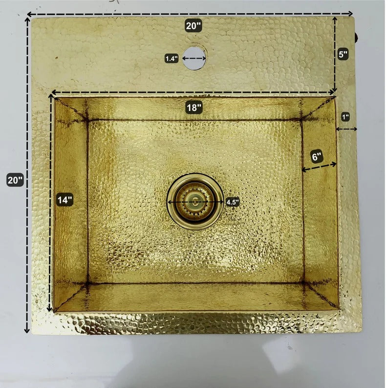 Unlacquered hammered brass sink dimensions showing 20x20x14 inches with a sink strainer, perfect for kitchens.