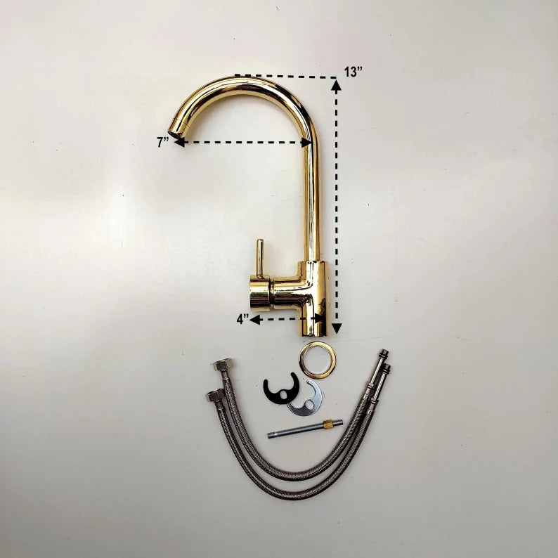 Unlacquered hammered brass faucet with accessories, measuring 13" high, ideal for kitchen or rustic sink installations.