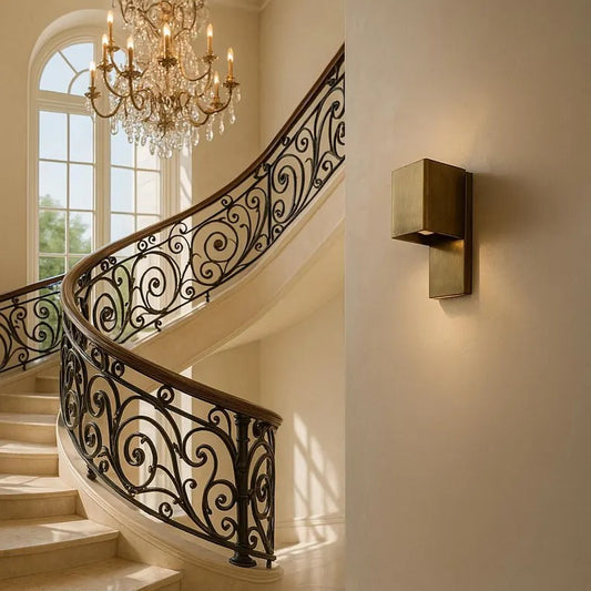 Elegant copper wall sconce illuminating a grand staircase with a chandelier and ornate railing.
