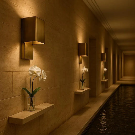 Elegant copper wall sconces illuminating a calming corridor with potted orchids and a reflective water feature.