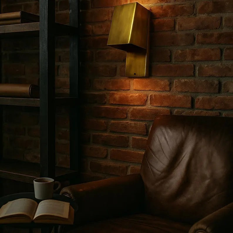 Handcrafted copper wall sconce illuminating a cozy reading nook with a leather armchair and bookshelf.