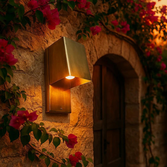 Modern brass wall sconce illuminating a stone wall adorned with blooming flowers, creating a warm atmosphere.