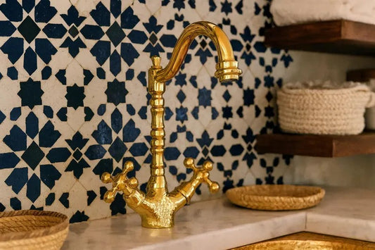 Handmade Solid Brass Bathroom Sink Faucet – Heavy Vintage-Style Double Handle Mixer, Moroccan Brass Tap for Vanity & Kitchen