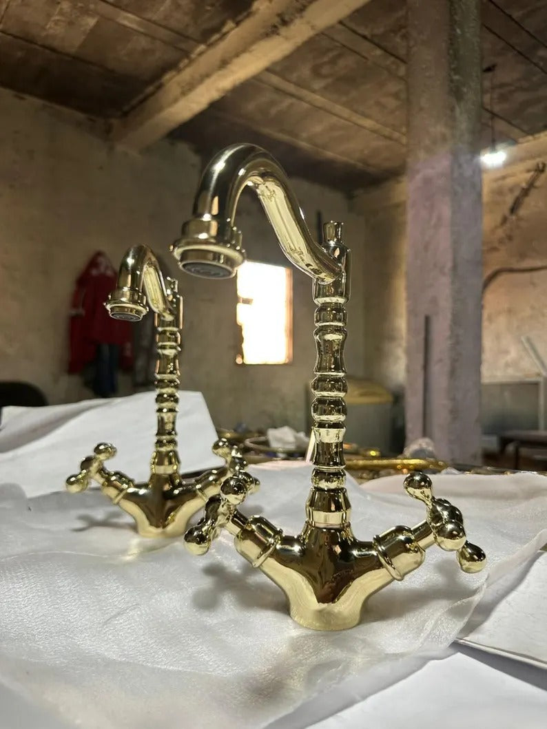 Handmade Solid Brass Bathroom Sink Faucet – Heavy Vintage-Style Double Handle Mixer, Moroccan Brass Tap for Vanity & Kitchen