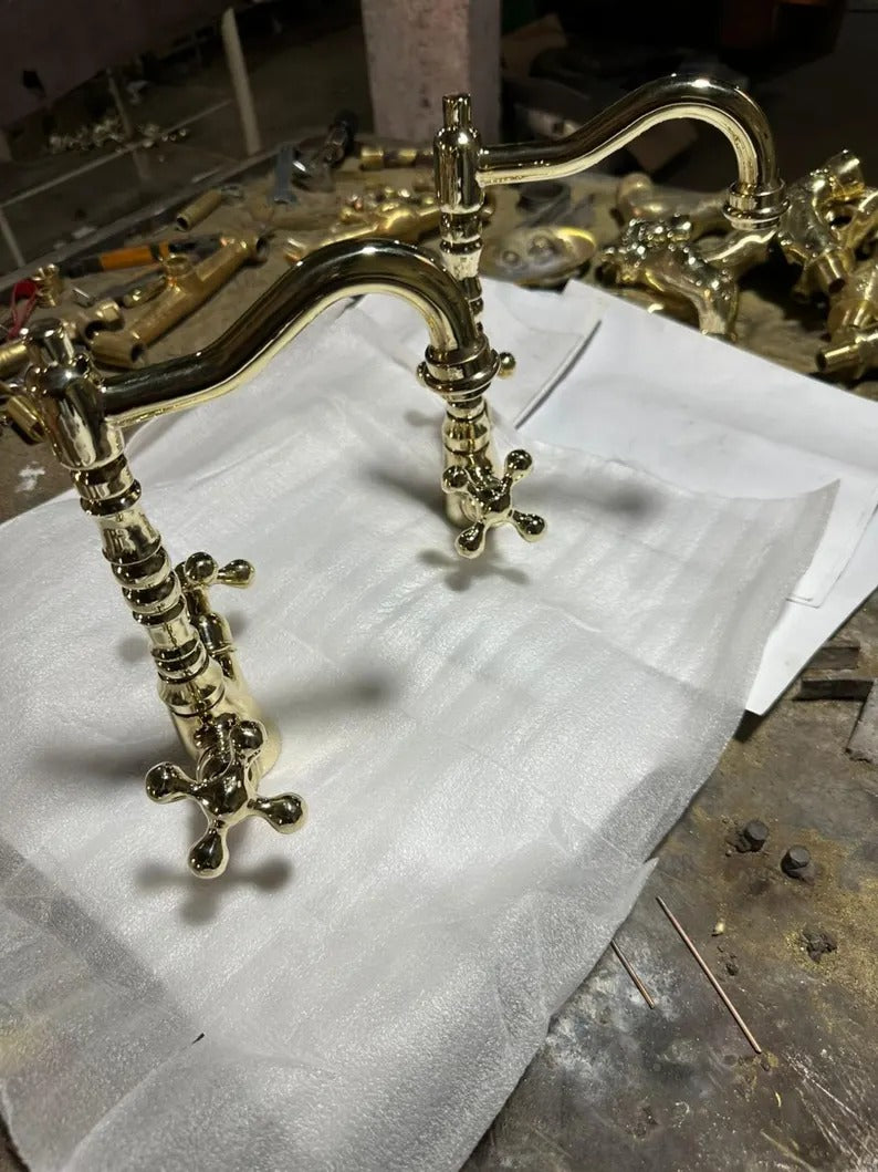 Handmade Solid Brass Bathroom Sink Faucet – Heavy Vintage-Style Double Handle Mixer, Moroccan Brass Tap for Vanity & Kitchen