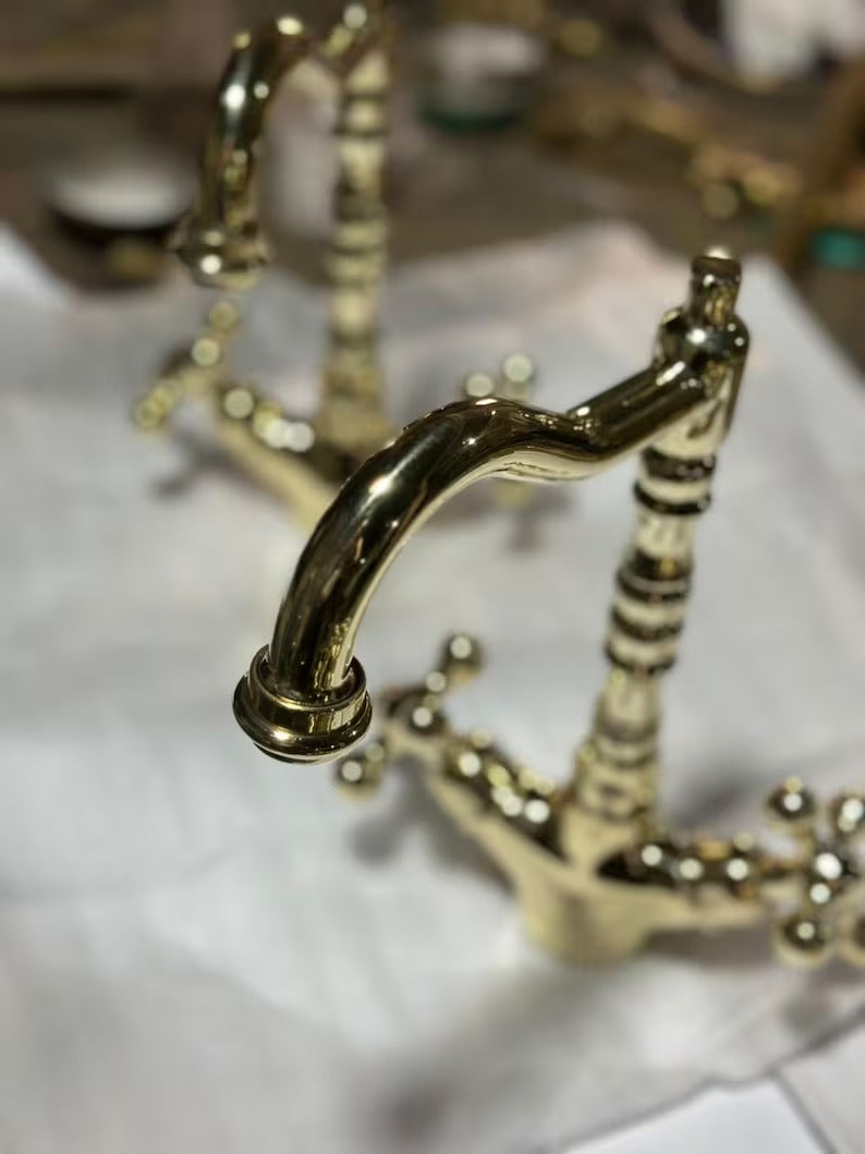 Handmade Solid Brass Bathroom Sink Faucet – Heavy Vintage-Style Double Handle Mixer, Moroccan Brass Tap for Vanity & Kitchen