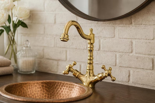 Handmade Solid Brass Bathroom Sink Faucet – Heavy Vintage-Style Double Handle Mixer, Moroccan Brass Tap for Vanity & Kitchen